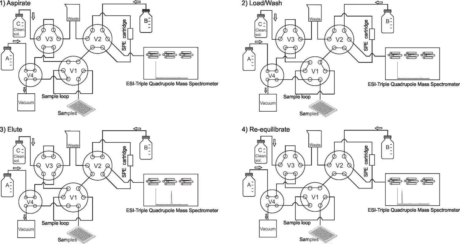 Diagram of the online SPE-MS/MS system (adapted from RapidFire documentation, Agilent, USA). 1) Aspirate: samples
are aspirated in to the sample loop by applying a vacuum through valves V4 and V1. 2) Load/Wash: Valve V1 switches the
positions and the sample is loaded from the sample loop onto the SPE cartridge in the flow of mobile phase A. Analytes are
captured on the stationary phase. Other samples constituents that are not retained on the cartridge are washed into waste. 3)
Valves V2 and V3 switch their positions and the analytes are back-washed from the cartridge to the mass spectrometer in the
flow of the mobile phase B and detected. In the same time the cleaning solution (mobile phase C) flows and washes the tubing
including sample loop. 4) All valves switch back to the initial positions and the system is re-equilibrated before the aspiration
of the next sample.
