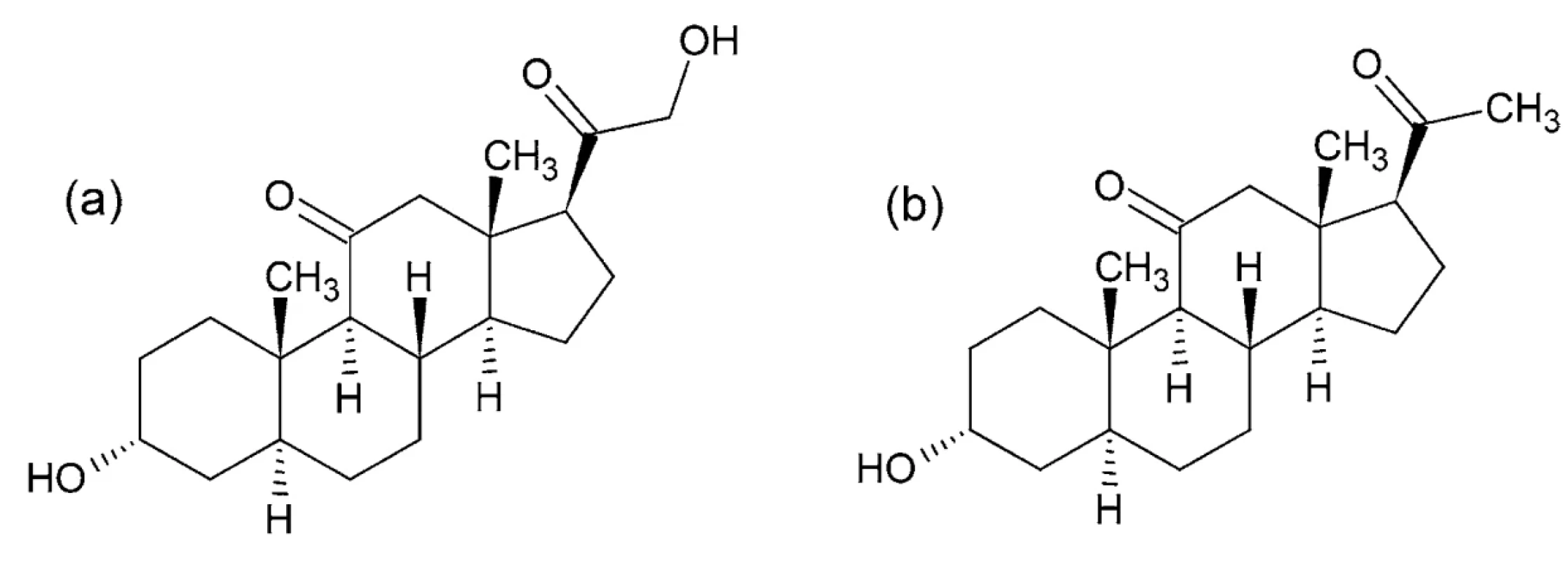  Chemické štruktúry alfadolónu (a) a alfaxalónu (b)