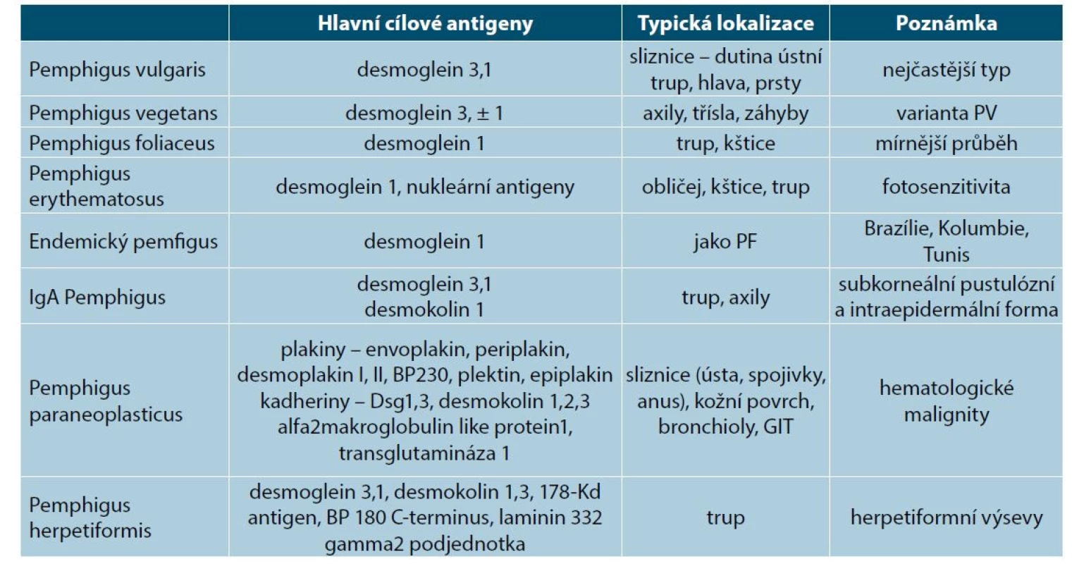 Subtypy pemfigu a jejich cílové antigeny