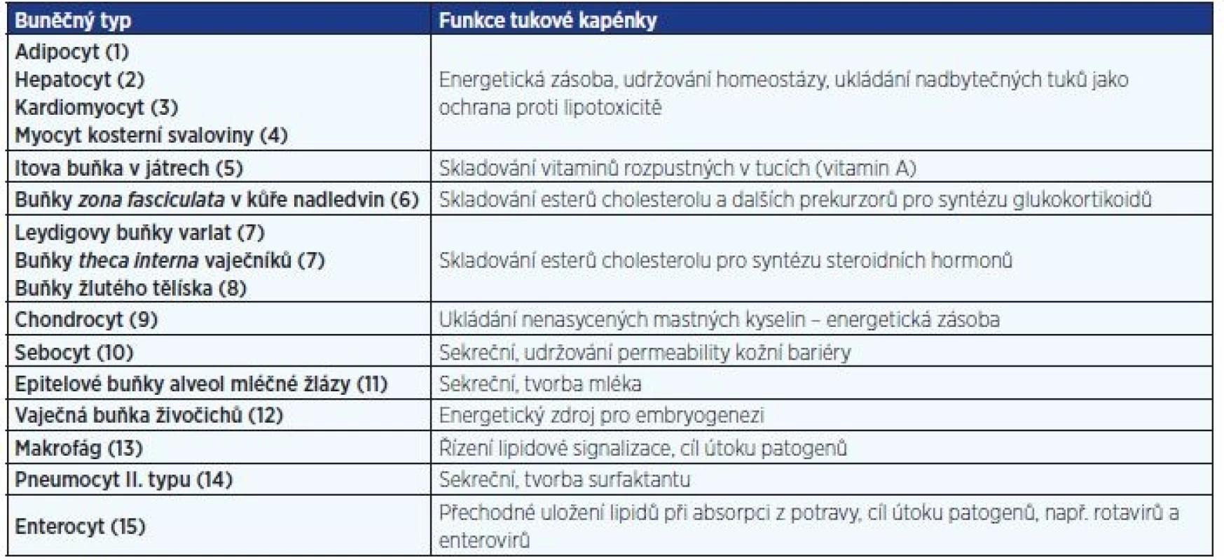 Příklady výskytu tukových kapének a jejich funkce v různých buněčných typech