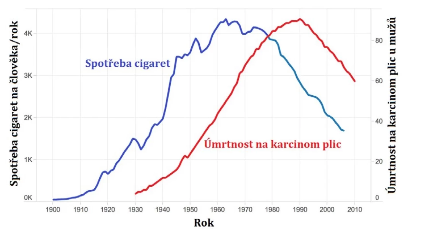 Závislost spotřeby cigaret na úmrtnost karcinomu plic v USA