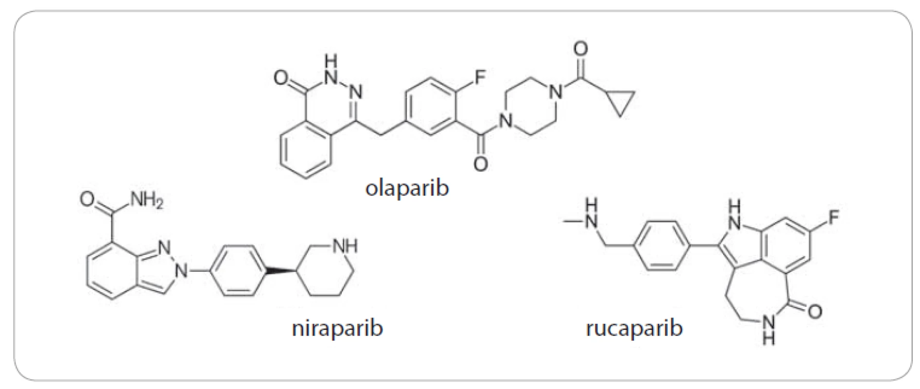 Chemické struktury olaparibu, niraparibu a rucaparibu.