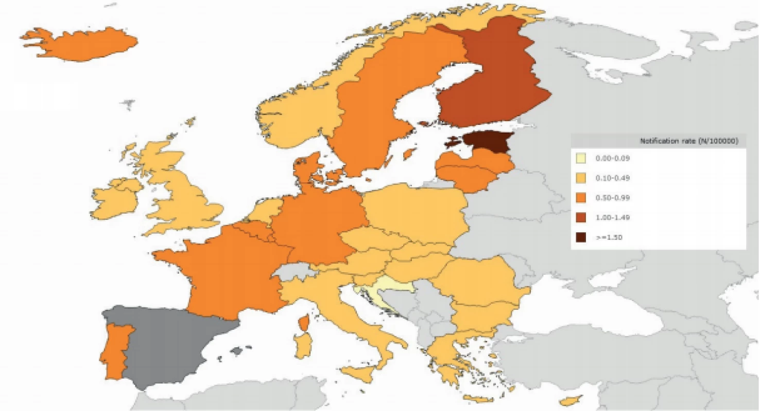  Incidence onemocnění listeriózou v zemích EU/EHP v roce 2018