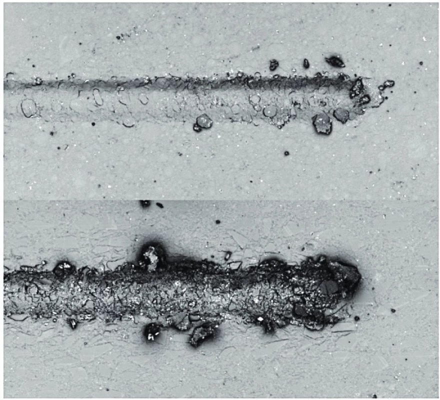 CLSM obraz vrypů flow kompozitního (nahoře) a pastovitého
nanohybridního kompozitního materiálu (dole)