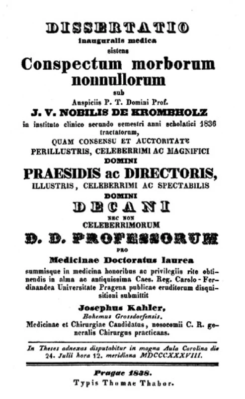 Titulní strana pražské disertace Josefa
Kahlera (1838)