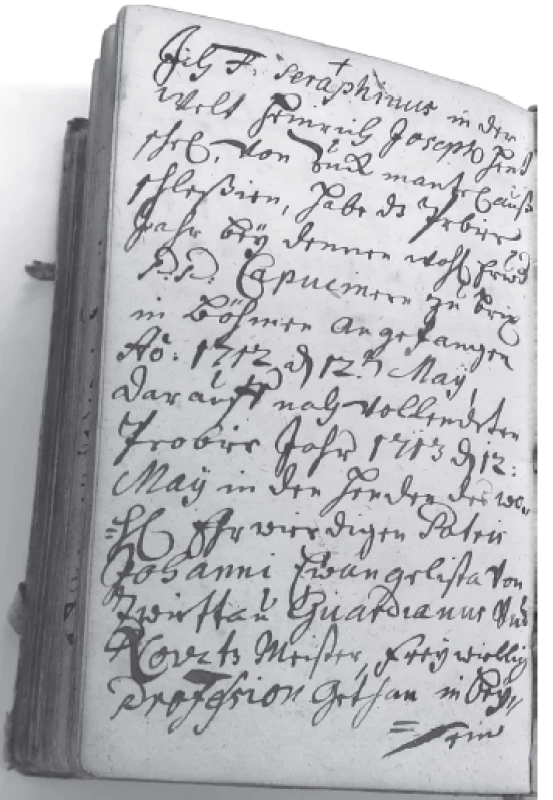 Vlastnoruční rukopis řádového slibu bratra Serafína ze
Zlatých hor (NA ŘK, rukopis 314, Liber Neo-Professorum ab
anno 1689, fol. 102v)
