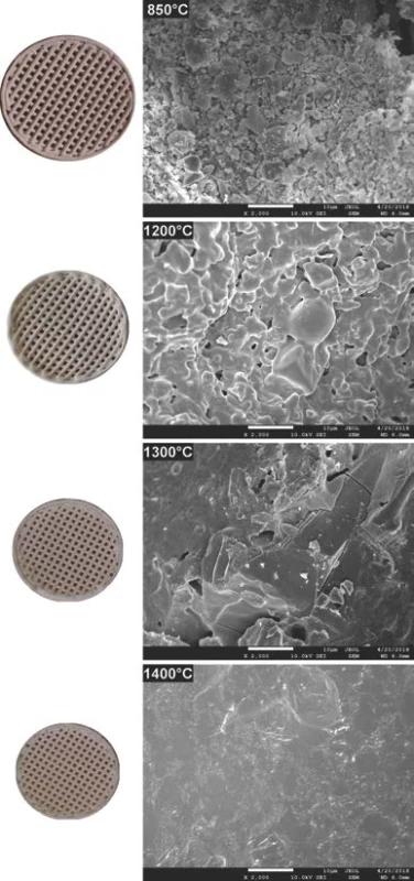 3D printed bodies from filament with solid content of 40 weight %, resulting size after debinding at 850 °C and sintering at 1200 °C, 1300 °C, 1400 °C (top to bottom left), corresponding material microstructure on SEM images (top to bottom right).