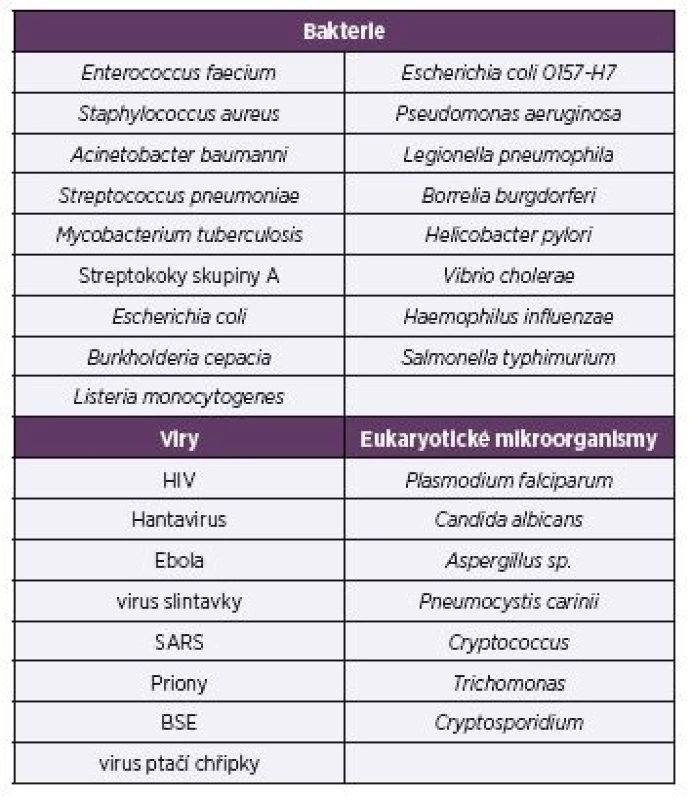 Vybrané patogenní mikroorganismy a viry <br>Table 2. Selected pathogenic microbes