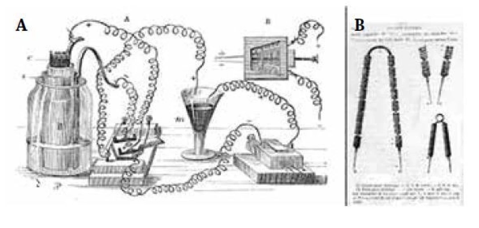 Elektrické zařízení, které používal C. Bernard ke svým pokusům
(a) schéma, (b) elektrody. Zdroj: Welcome images (použito s licencí CC BY 4.0)