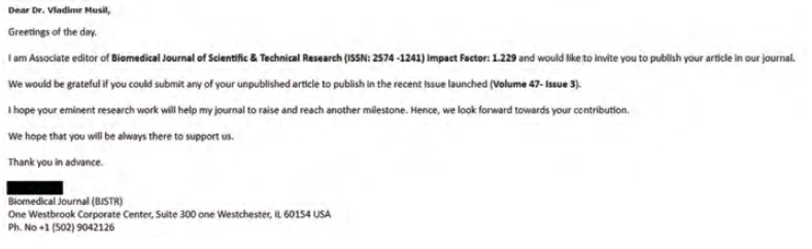 Mailová nabídka k publikování v časopisu „s impakt faktorem“ Biomedical Journal of Scientific & Technical Research