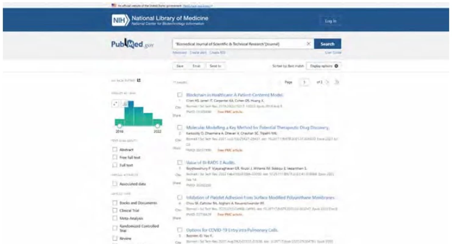 Vyhledání časopisu Biomedical Journal of Scientific & Technical Research v databázi PubMed