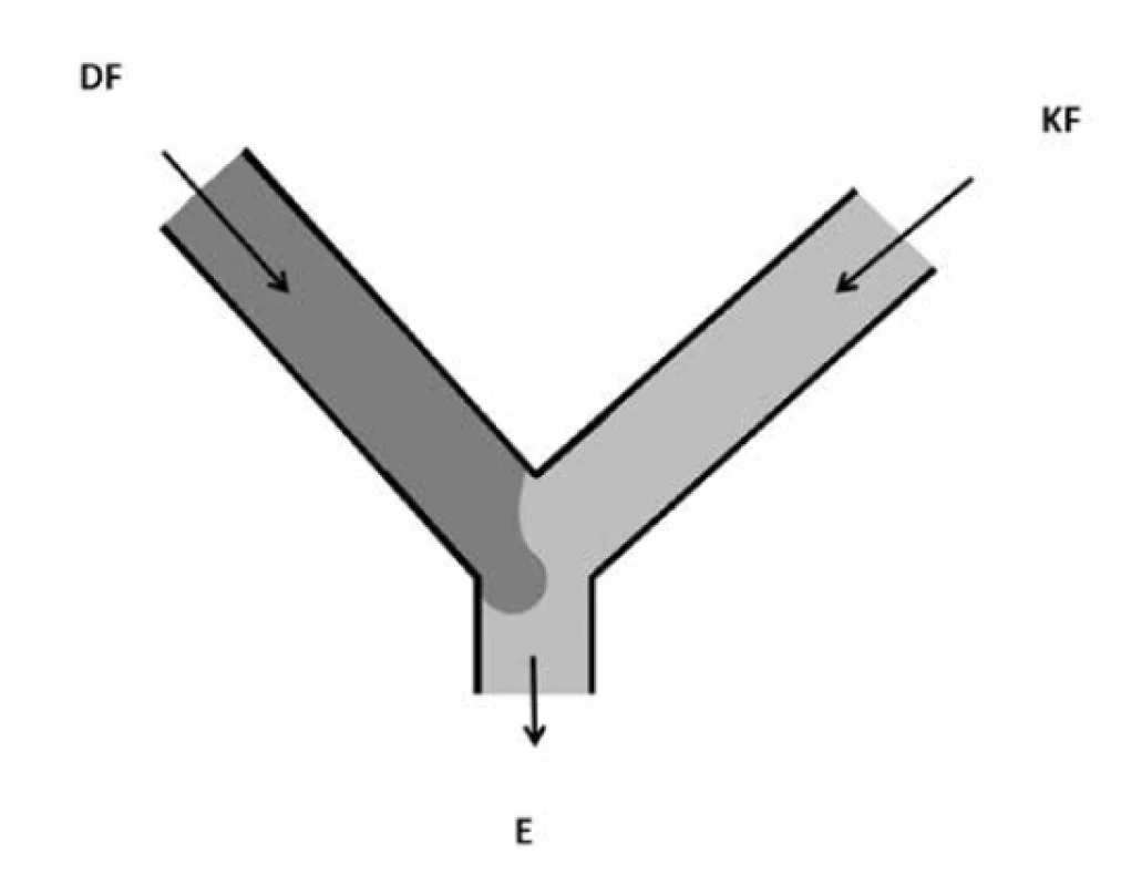Uspořádání typu Y (přepracováno dle16))<br>
DF – dispergovaná fáze, KF – kontinuální fáze, E – emulze