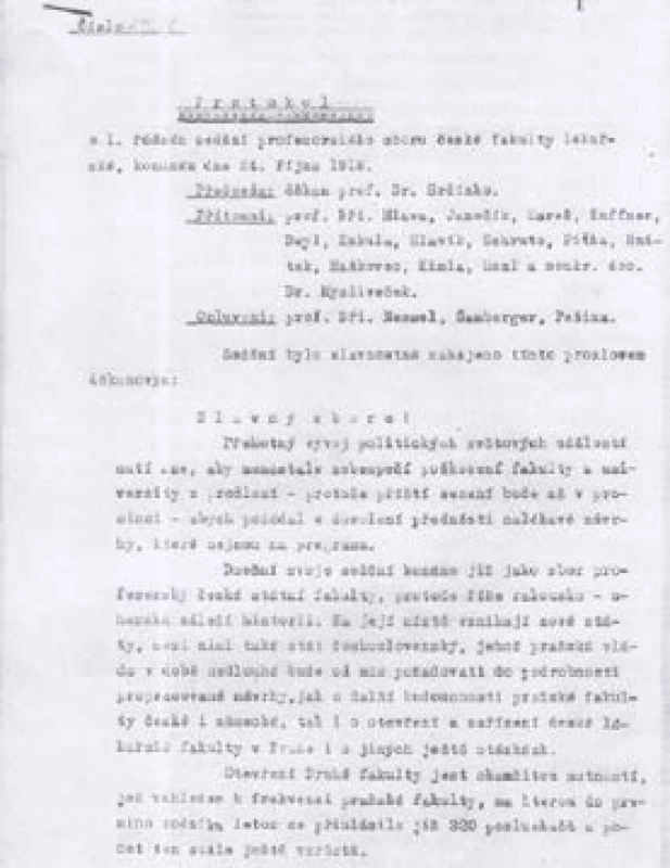 První strana protokolu ze zasedání profesorského sboru 24. 10. 1918